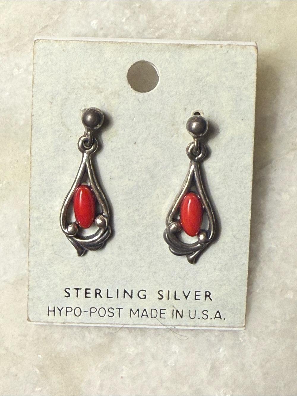 Vintage Sterling Silver Red Coral Drop Post Back Earrings NEW